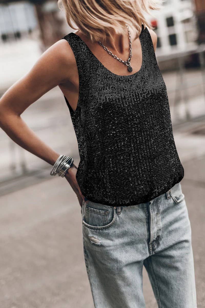 CWTBLSL0795_SEQUINED U-NECK SLEEVELESS BACKLESS TANK TOP