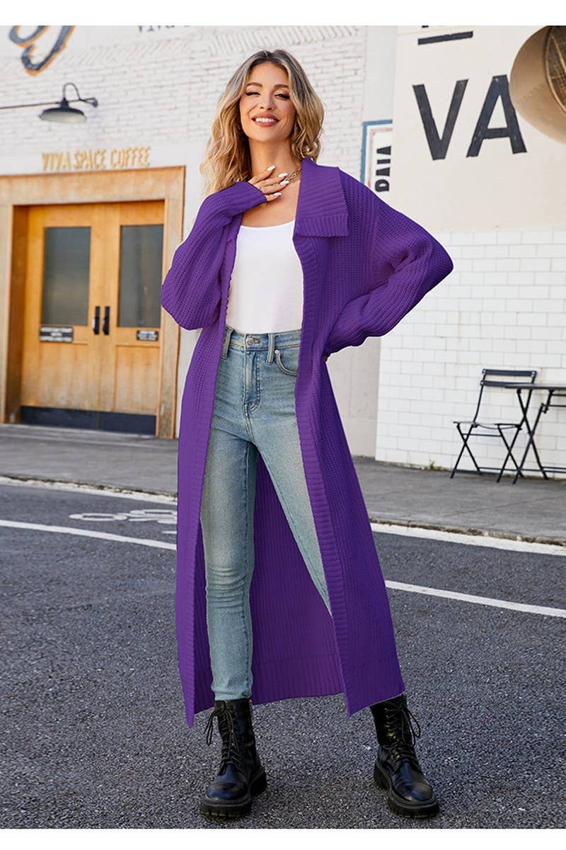 CWOCAL0753_SOLID COLOR LAPEL LONG SWEATER KNITTED CARDIGAN