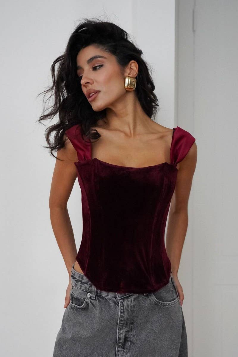 CWTTK0702_VELVET HERRINGBONE ZIP-UP WAIST CAMISOLE TOP