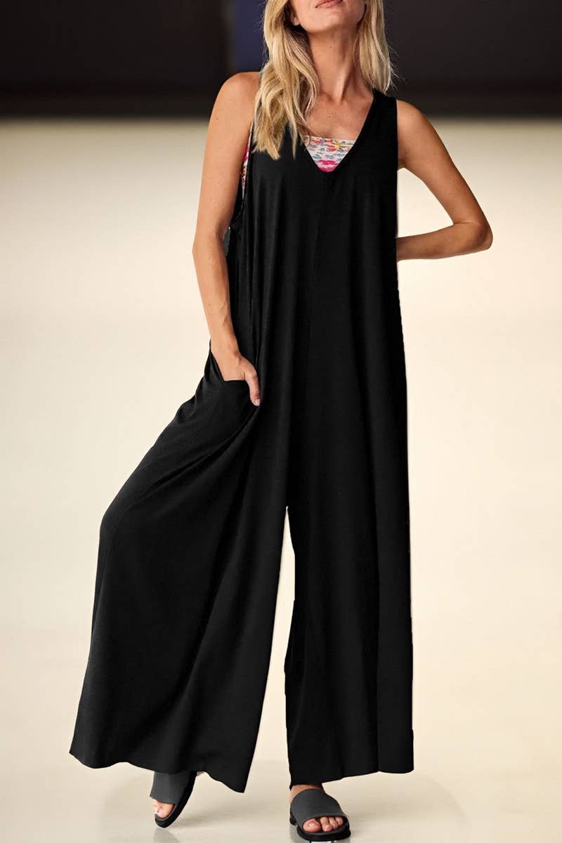 CWSJS00260_LOOSE SLEEVELESS VEST V-NECK WIDE-LEG JUMPSUIT