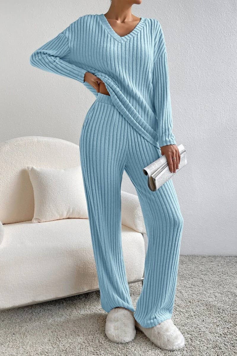 CWSTB00462_RIBBED KNIT V NECK TOP AND STRAIGHT PANTS SET