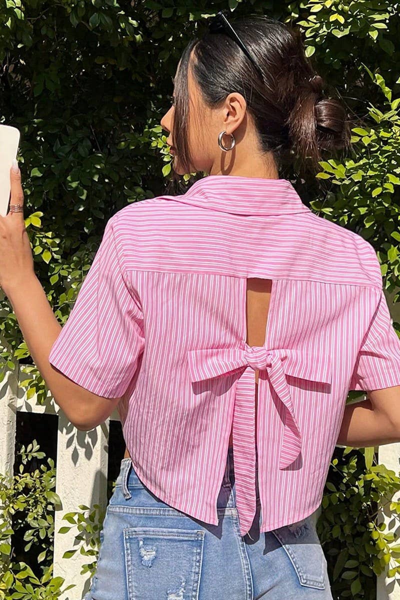 CWTSTS0763_CASUAL STRIPED SHORT SLEEVE SHIRT WITH BOW BACK