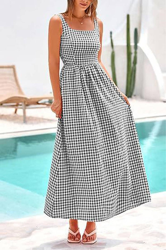 CWDHL1084_SPAGHETTI STRAP SQUARE NECK PLAID SHIRRED DRESS