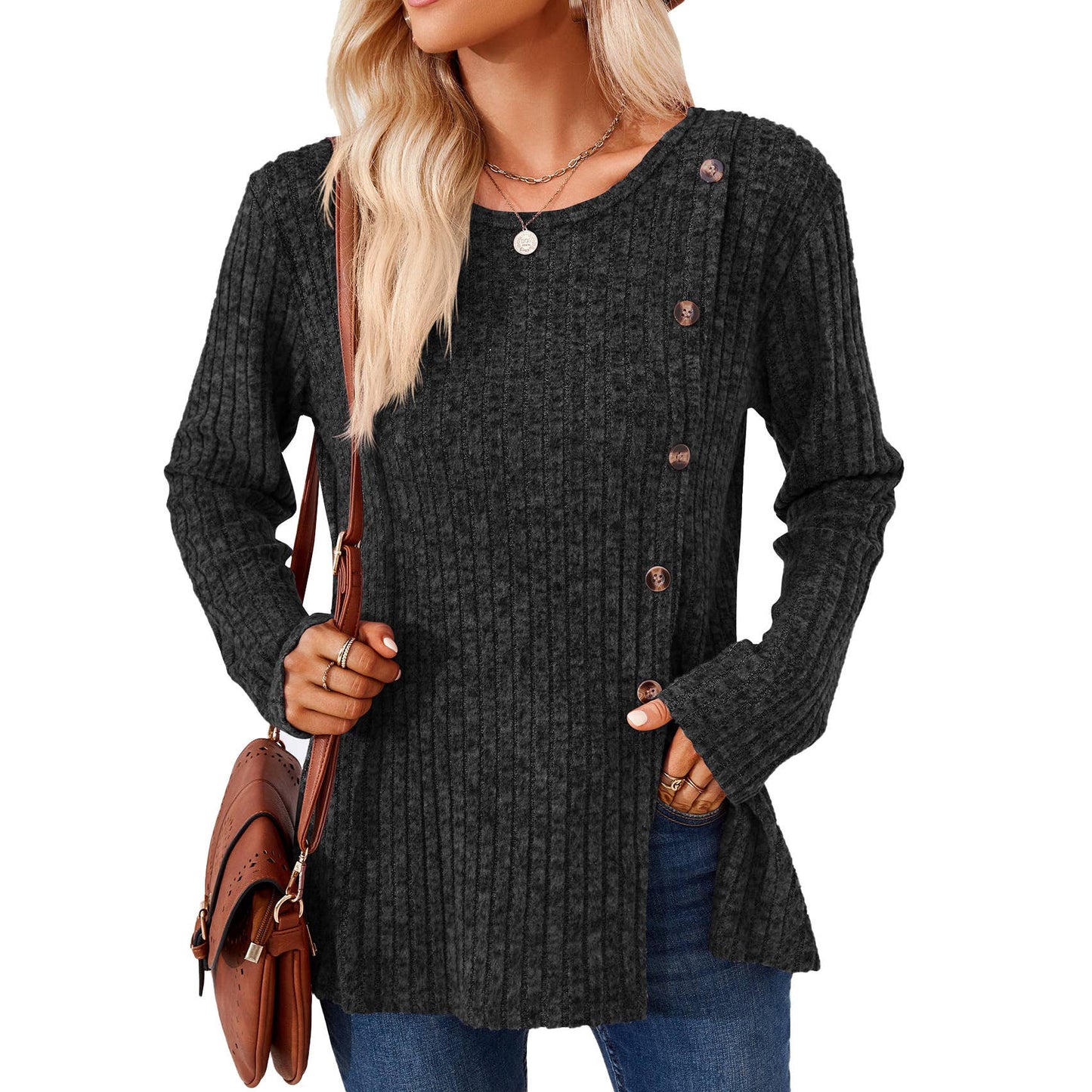 CREW-NECK BUTTON-UP LONG-SLEEVED LOOSE T-SHIRT