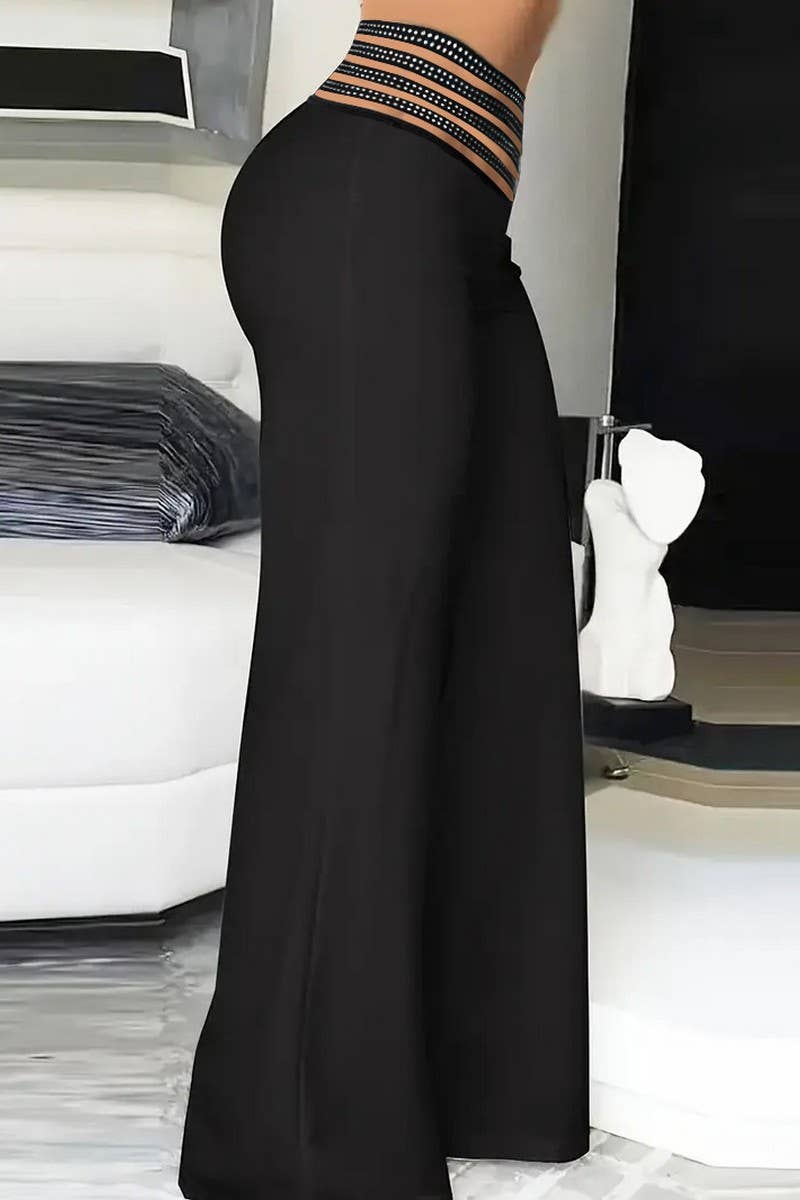 CWBLP1792_SOLID COLOR HOLLOW HOT DIAMOND WIDE-LEG TROUSERS