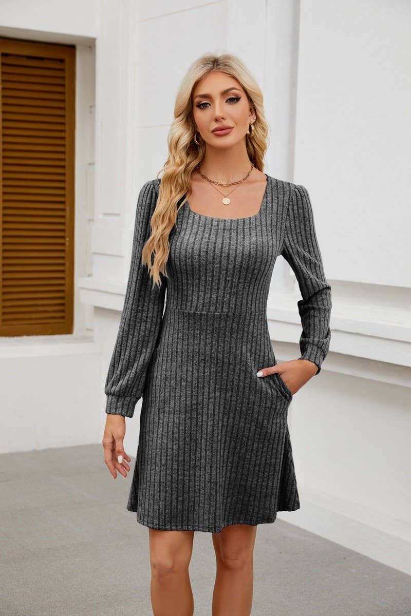 CWDSD8812_SQUARE NECK POCKET KNIT LONG SLEEVE CASUAL DRESS