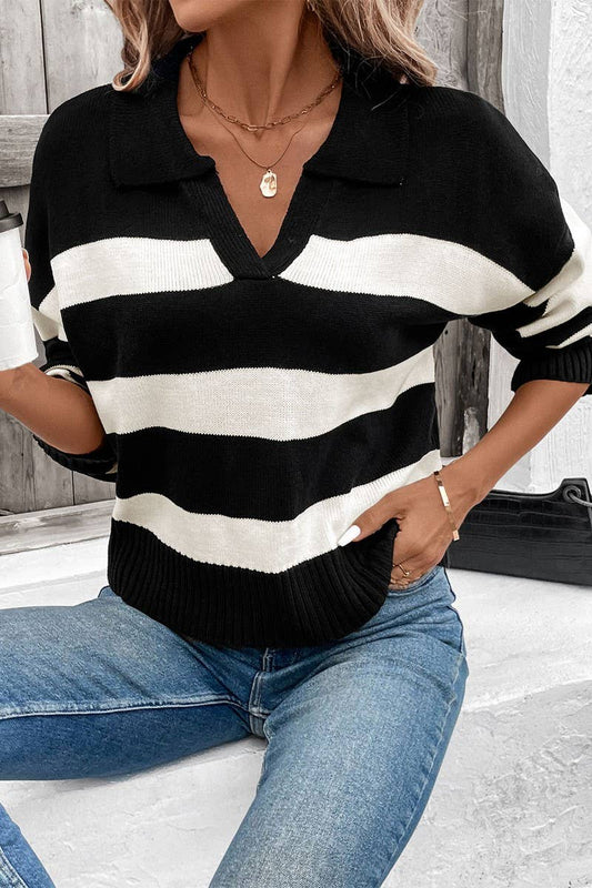 CWOSWL6822_NEW AUTUMN LONG-SLEEVED LAPEL STRIPED SWEATER