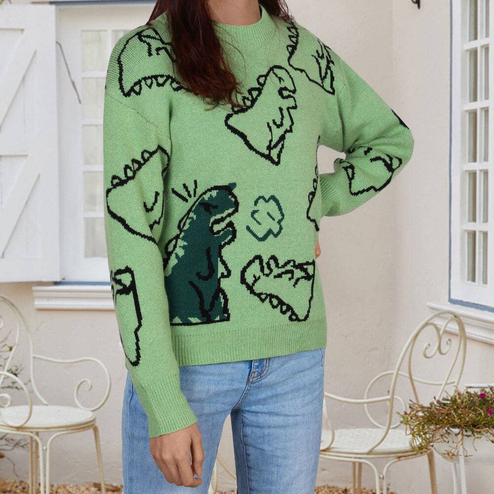 CREW-NECK LOOSE CARTOON DINOSAUR SWEATER