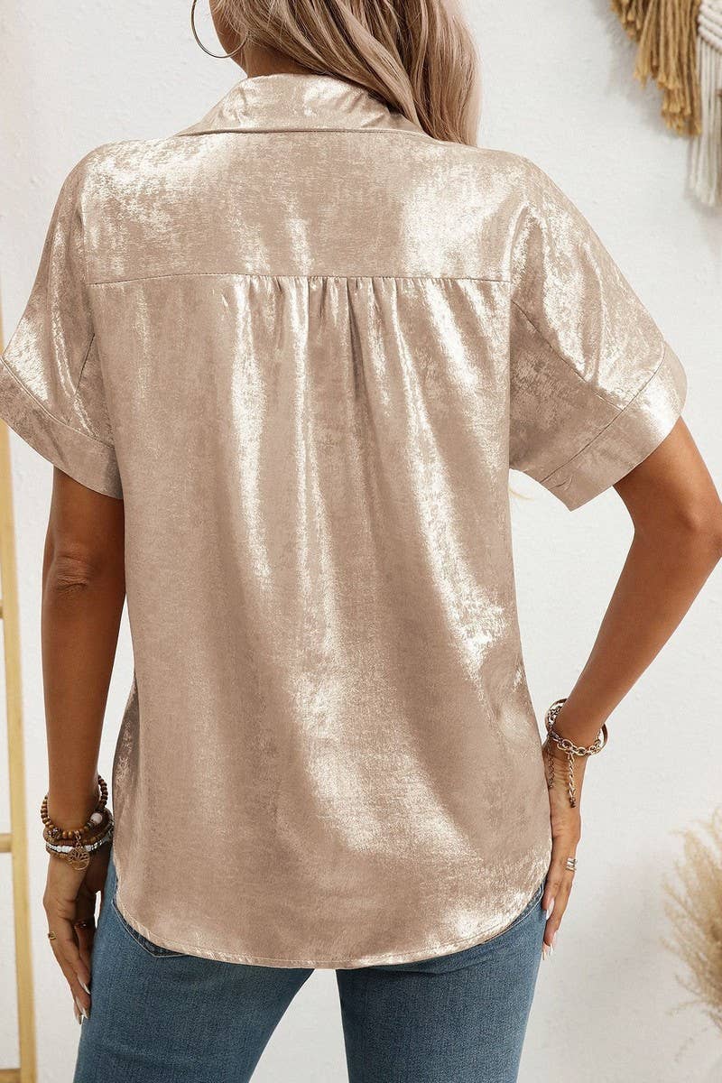 CWTBLS2257_METALLIC COLLARED SHORT SLEEVE RELAXED SHIRT