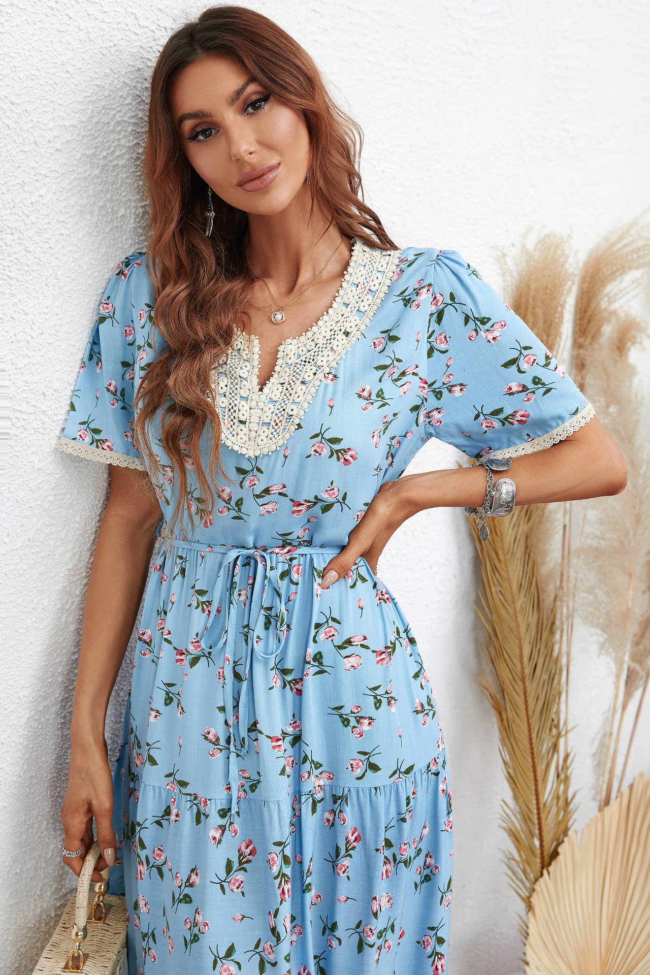 FASHION FLORAL V-NECK SHORT-SLEEVED DRESS