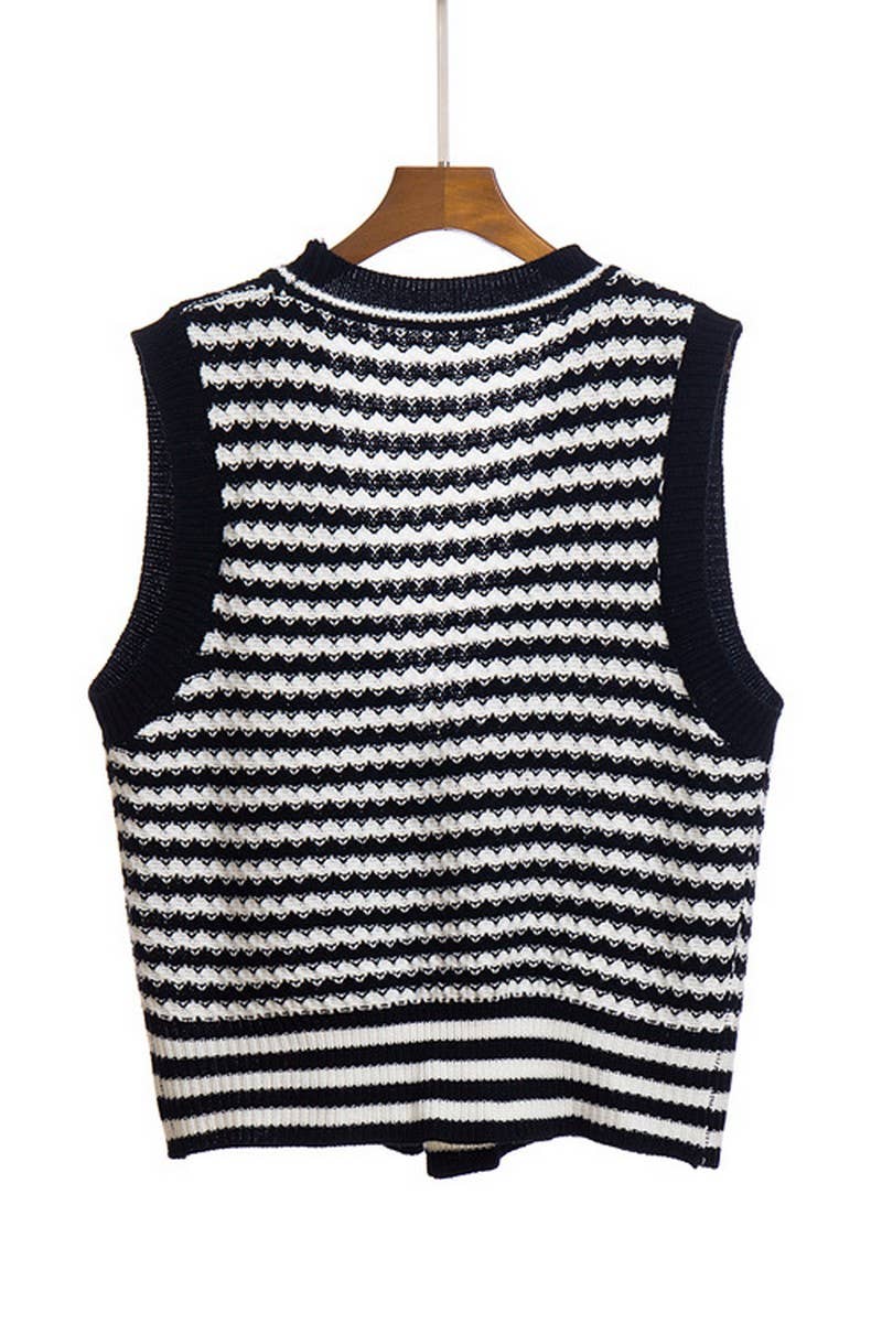 CWOV0488_STRIPED KNITTED CARDIGAN SWEATER VEST