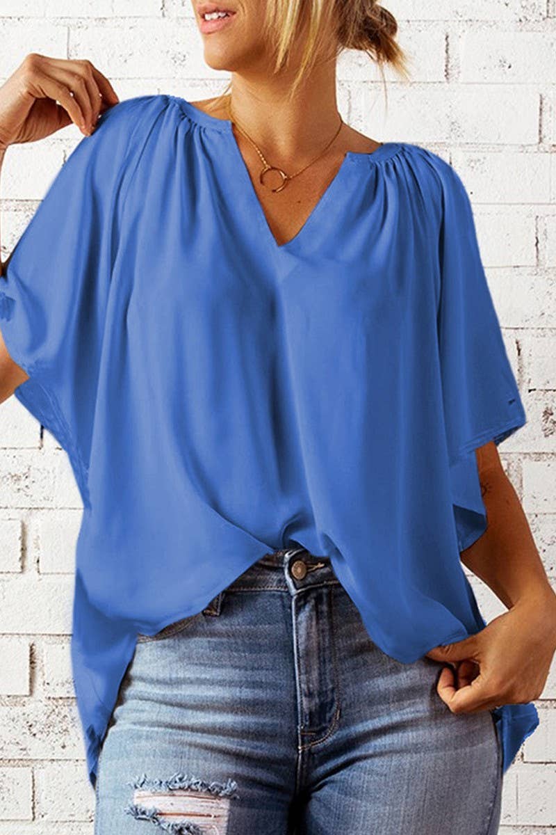 CWTBLS1790_SOLID COLOR LOOSE V-NECK T-SHIRT CHIFFON SHIRT