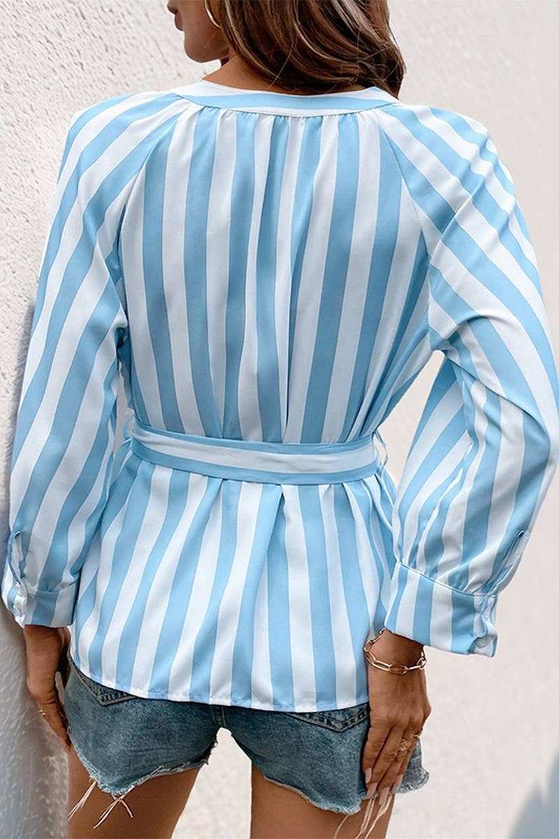 CWTSTL2891_STRIPED V-NECK TIE FRONT 3/4 SLEEVE BLOUSE