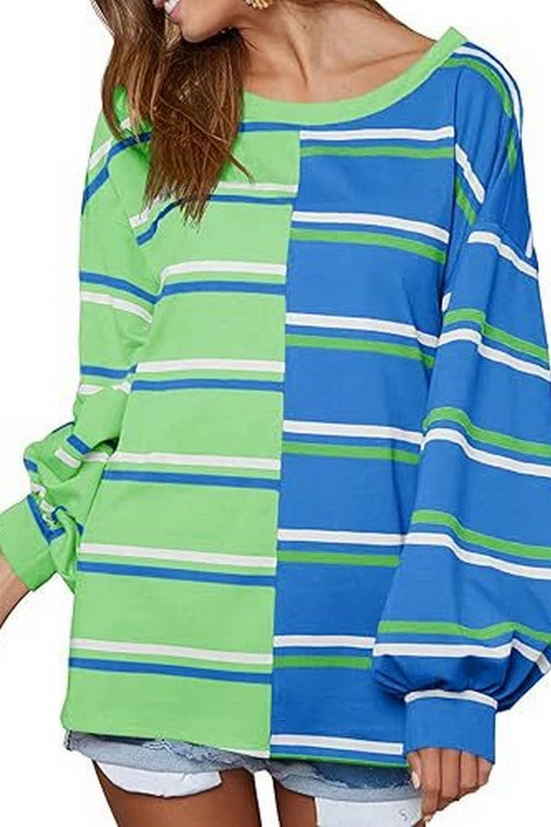 CWTBLL3903_LOOSE CASUAL STRIPED KNIT LONG SLEEVE SWEATSHIRT