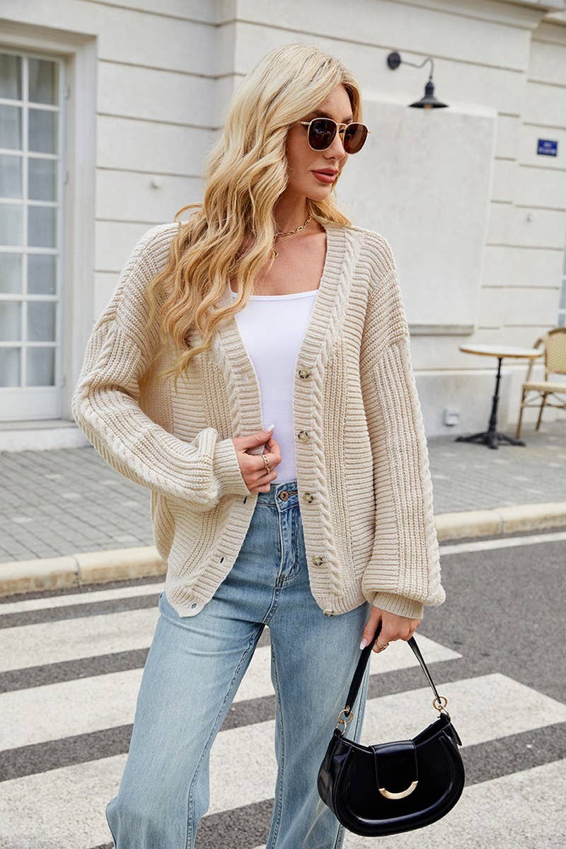 CWOCAL00686_LONG SLEEVE V-NECK CABLE KNIT CARDIGAN
