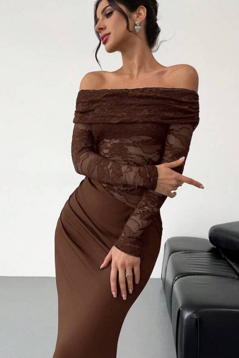 CWDMD01089_OFF SHOULDER LACE SHEER LONG SLEEVE BODYCON DRESS