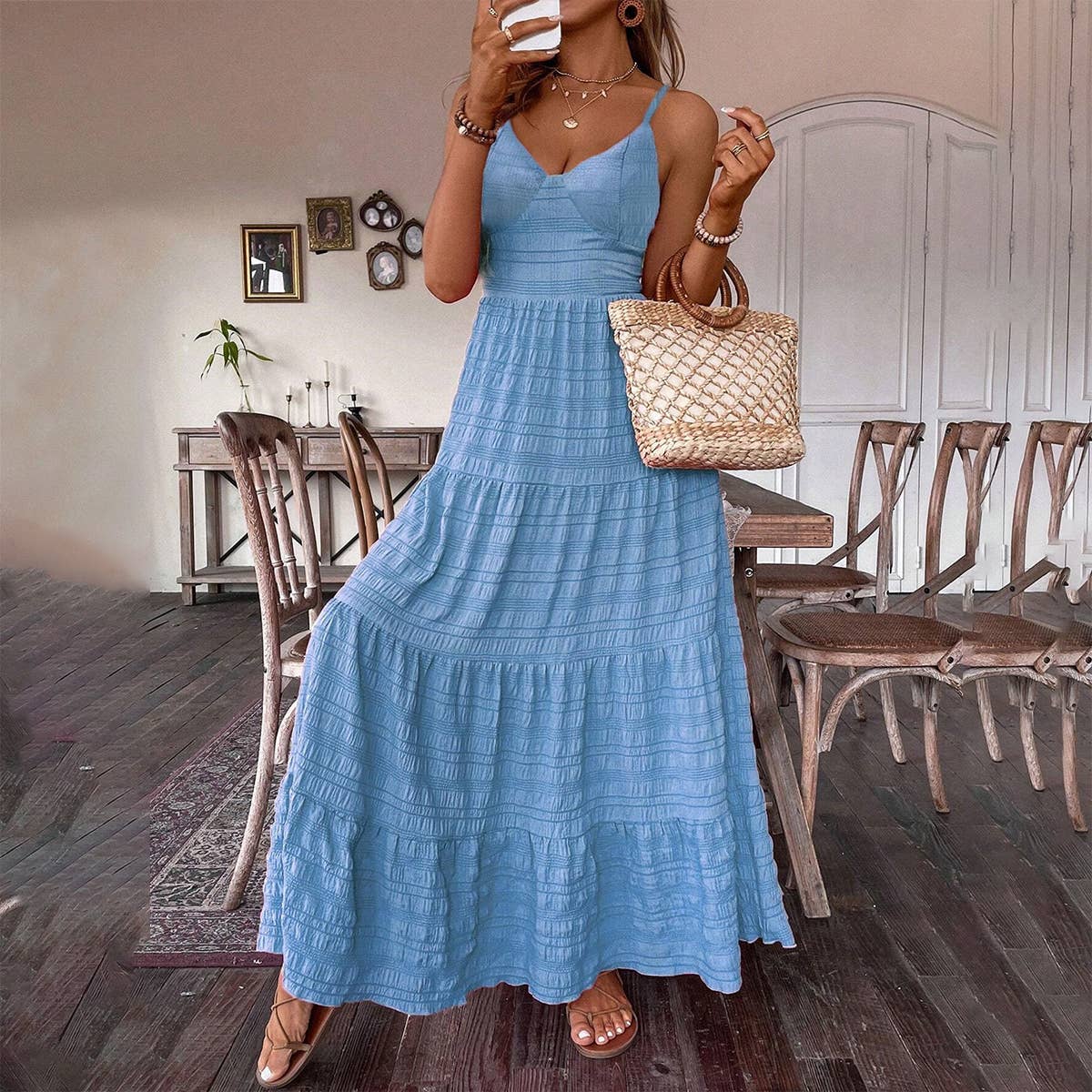 Cinched waist and a large hem solid-color dress