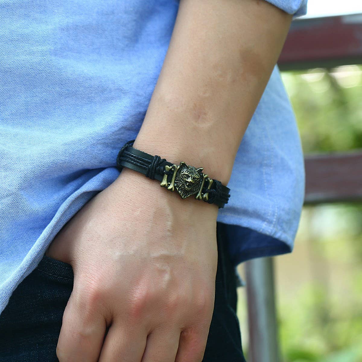 VINTAGE BRAIDED WOLF HEAD LEATHER BRACELET