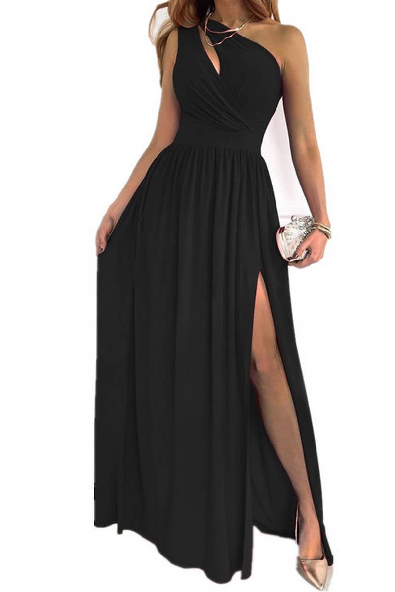 CWDMD6444_HIGH WAIST SLEEVELESS ONE SHOULDER SLIT MAXI DRESS