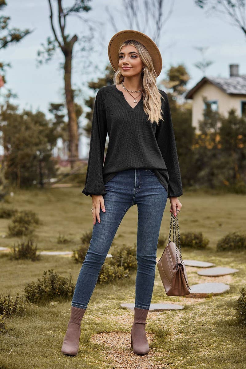 CWTBLL01313_V NECK WAFFLE KNIT SOLID LONG SLEEVE LOOSE TEE