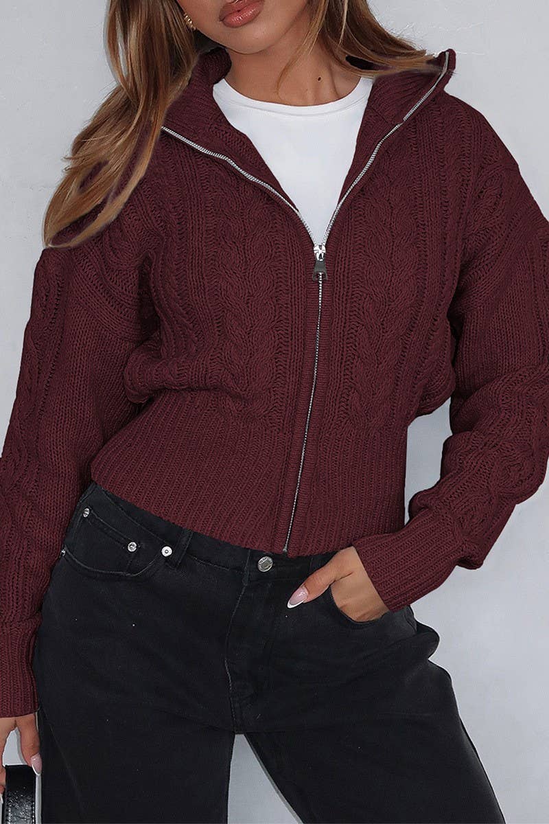 CWOCAL00774_SOLID COLOR LONG-SLEEVED ZIPPER KNITTED JACKET