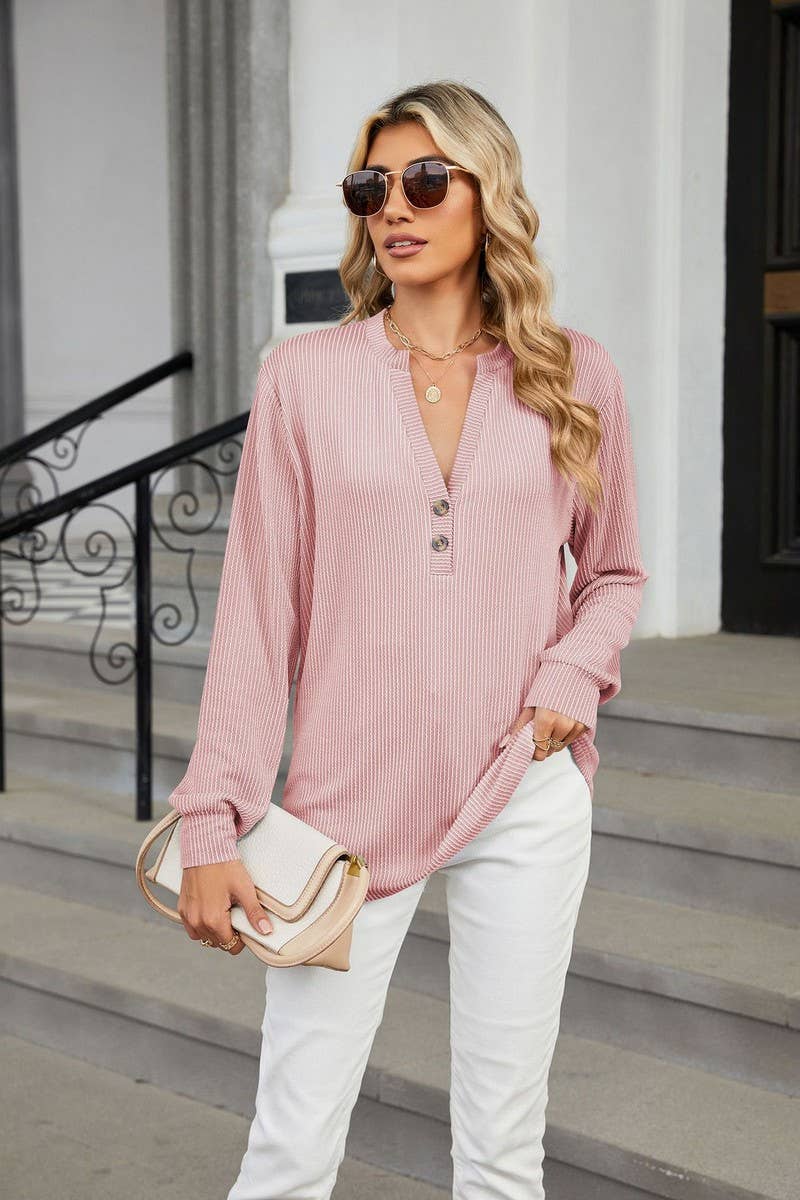 CWTBLL3675_V-NECK BUTTON-DOWN STRIPED WAVY CASUAL TOP