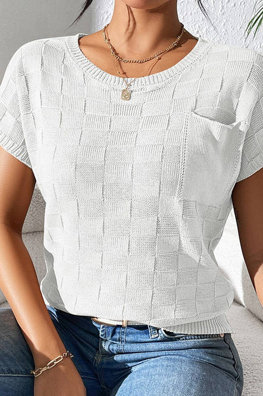 CWOSWS0086_SOLID COLOR LOOSE KNIT SHORT-SLEEVED TOP