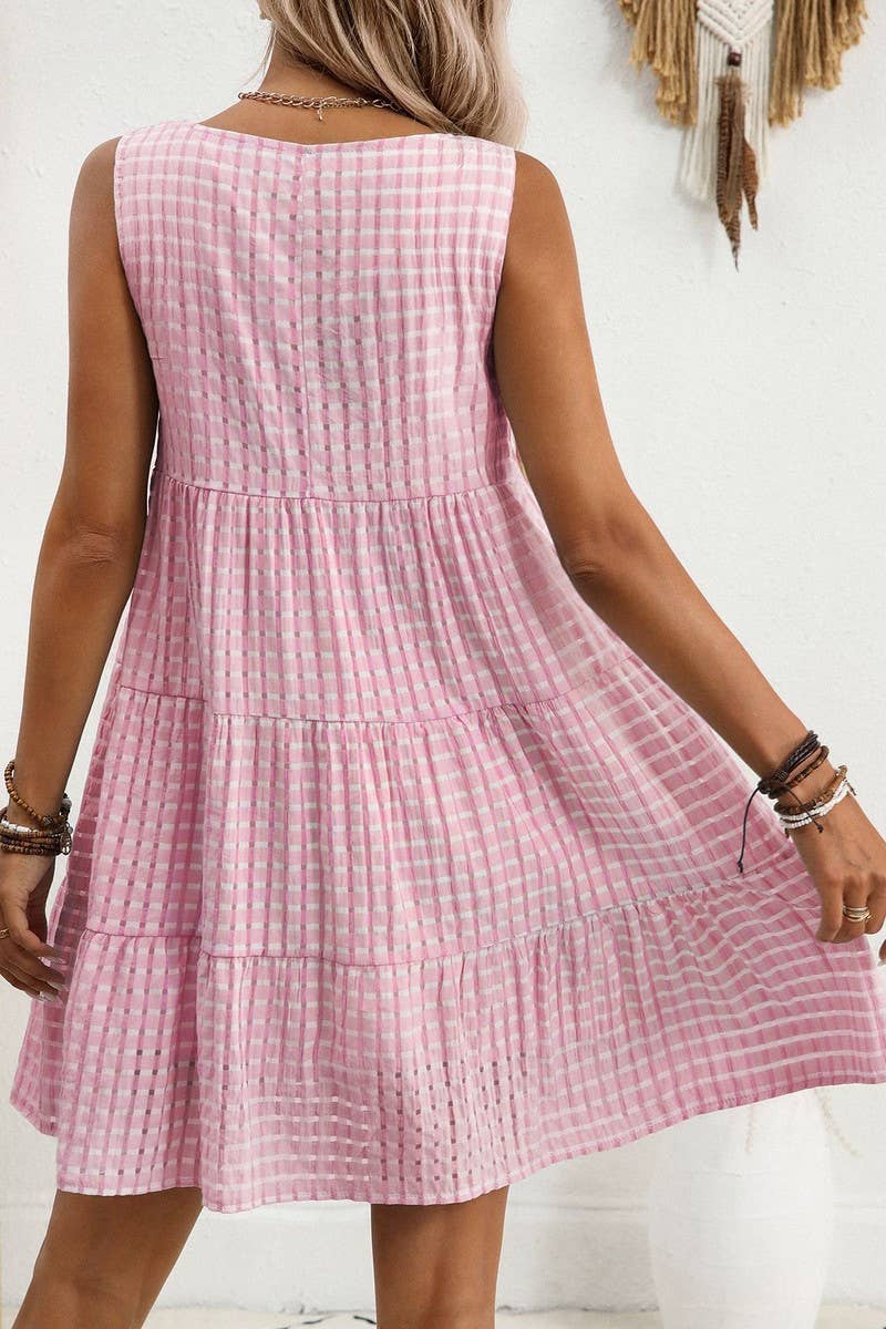 CWDSD8675_SLEEVELESS PLAID LOOSE FIT FLOWY DRESS