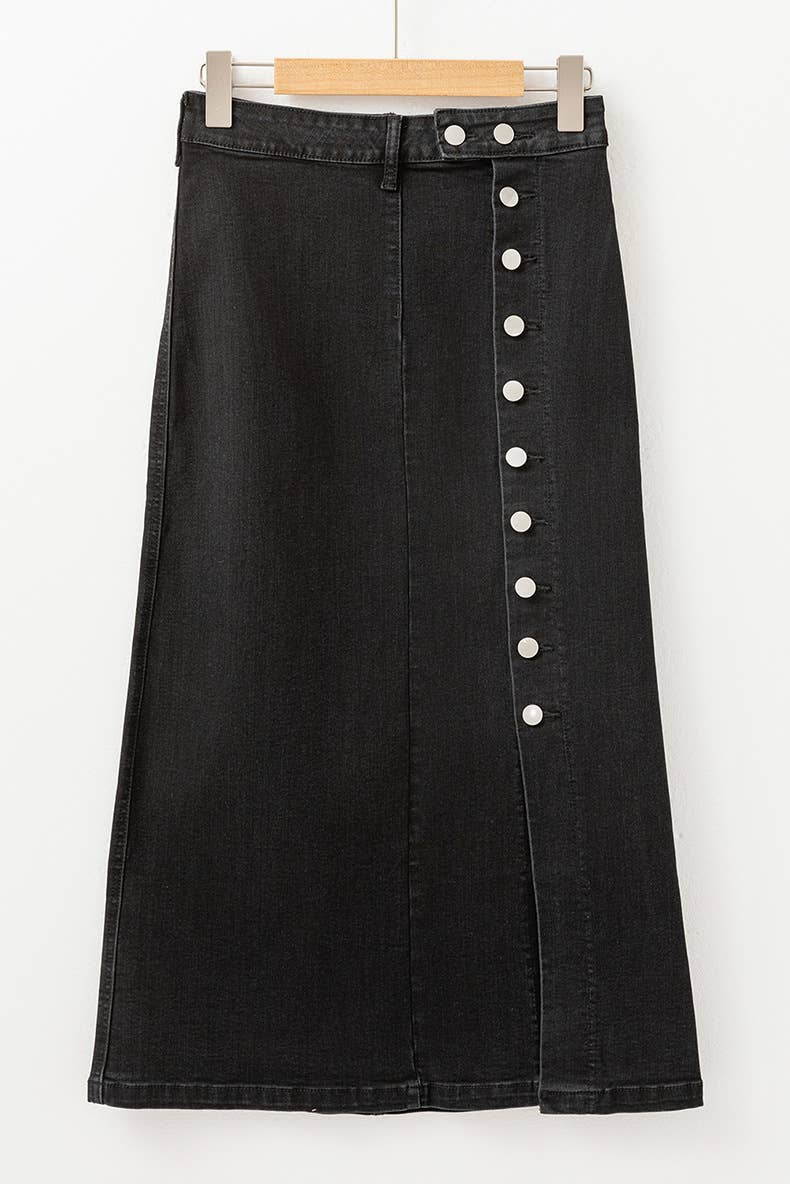 BUTTONED IRREGULAR SLIT HIGH WAISTED DENIM SKIRT