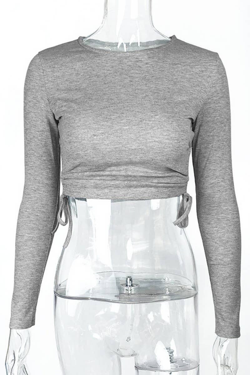 CWTBLL3778_RIBBED DRAWSTRING LONG SLEEVE T-SHIRT CROPPED TOP