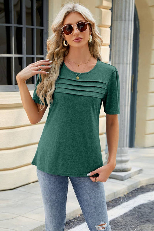 CWTTS0895_SOLID COLOR U NECK PLEATED TOP T SHIRT
