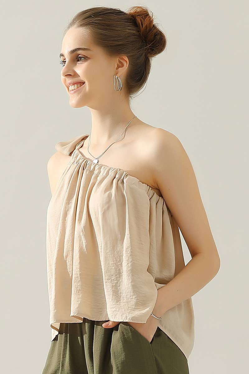 CWTHT028_ONE SHOULDER BOW TIE STRAP SATIN SILK BLOUS TOP