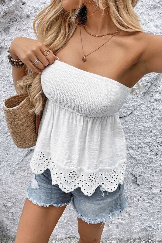 CWTTT0069_LACE TRIM RUCHED STRAPLESS SLIM FIT CROP TOP