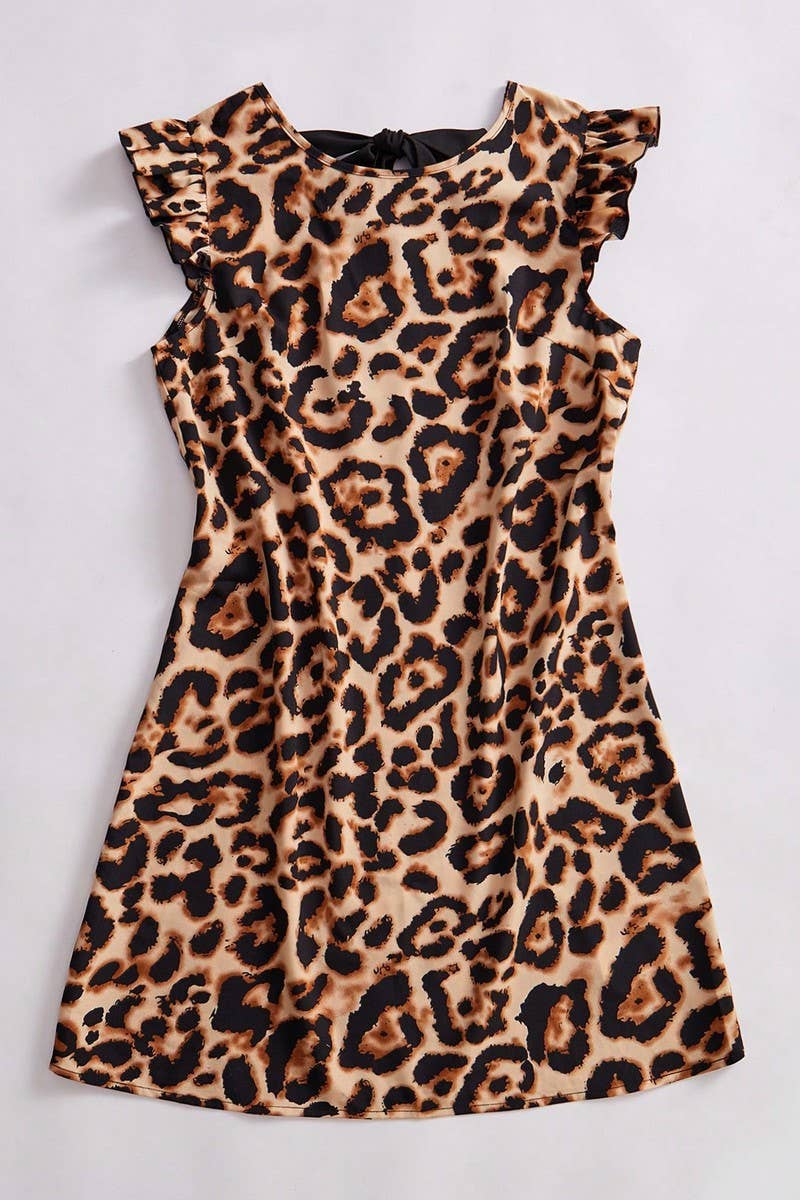 CWDSD7891_LEOPARD PRINT TIE NECK FLUTTER SLEEVE  DRESS