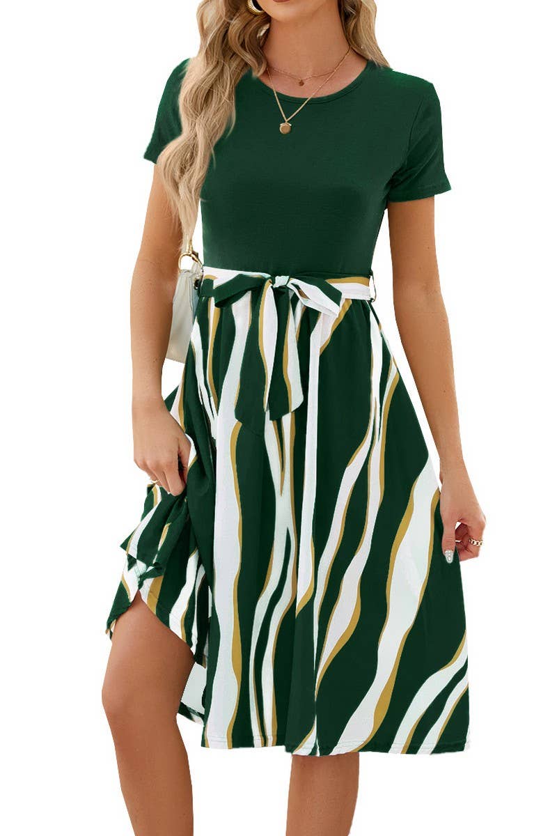 CWDMD2223_ROUND NECK PRINTED PATCHWORK DRESS