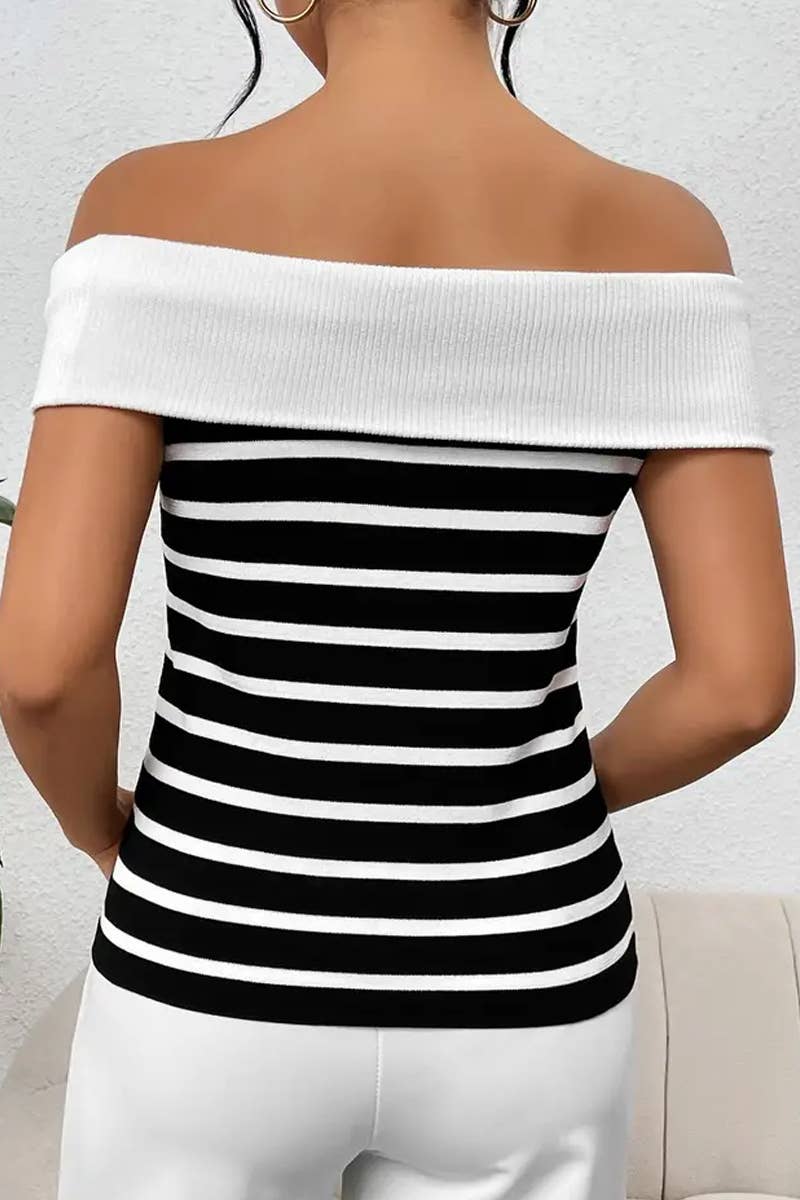 CWTTS1306_FASHION STRIPED OFF-SHOULDER BOAT NECK SWEATER