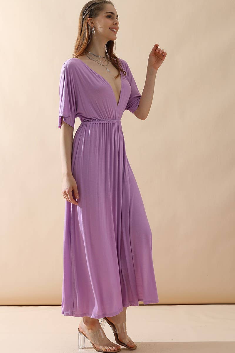 CWDMD825_V NECK BACK BOW TIE EMPIRE MAXI DRESS