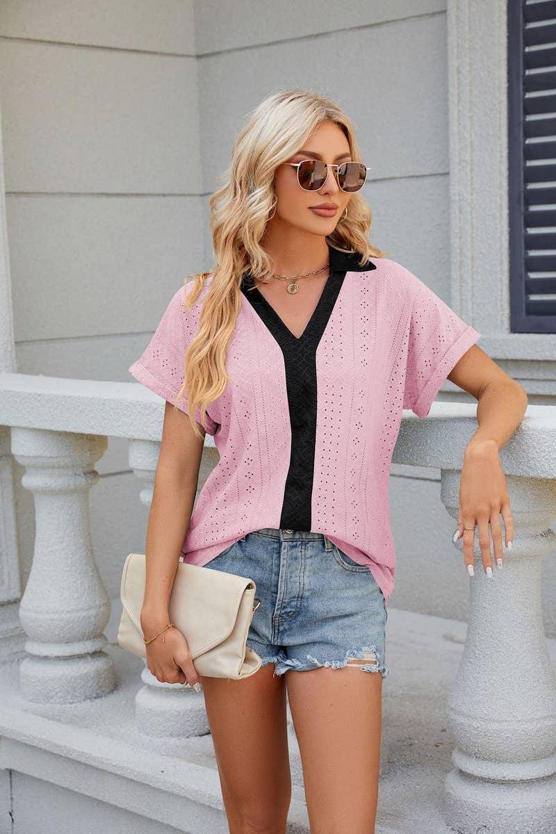 CWTTS0832_V-Neck Short Sleeve Knit Top