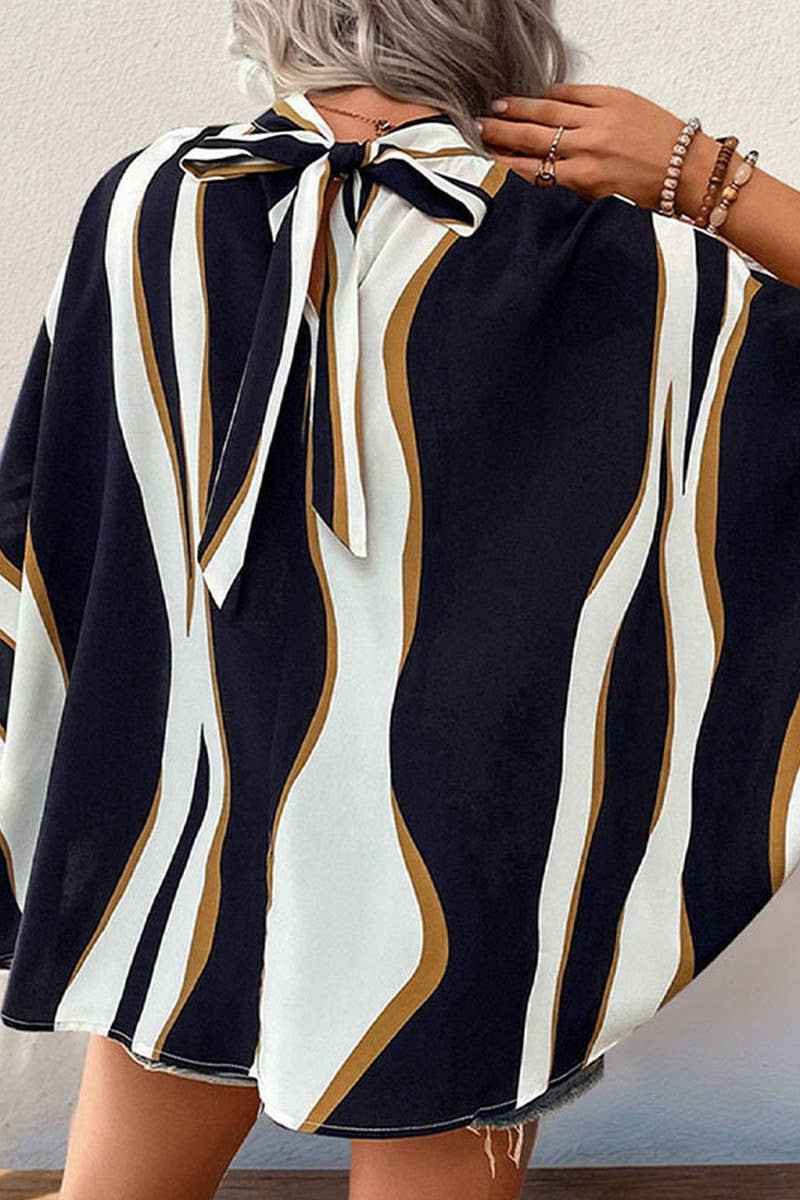 CWTBLS0927_IRREGULAR BAT SLEEVES PRINT SHIRT