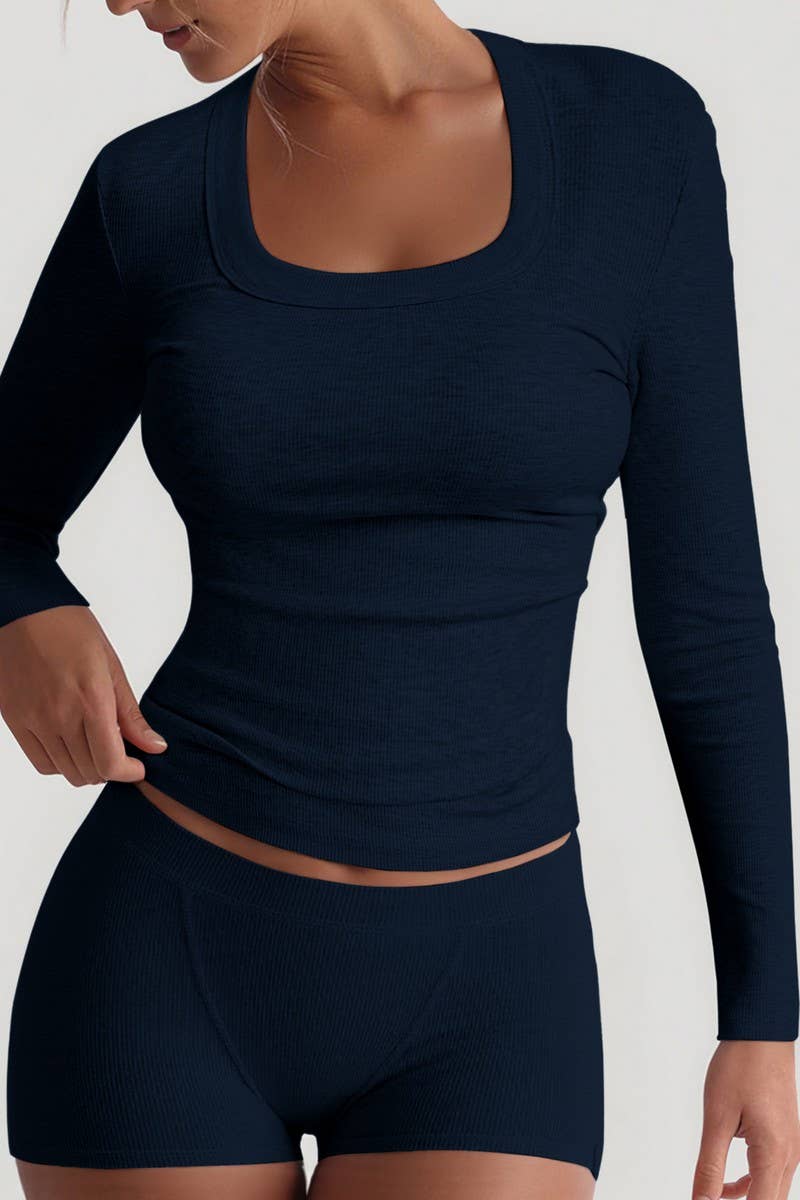 CWSTB00443_SOLID LONG SLEEVE STRETCHY SPORTS SKIRT SET