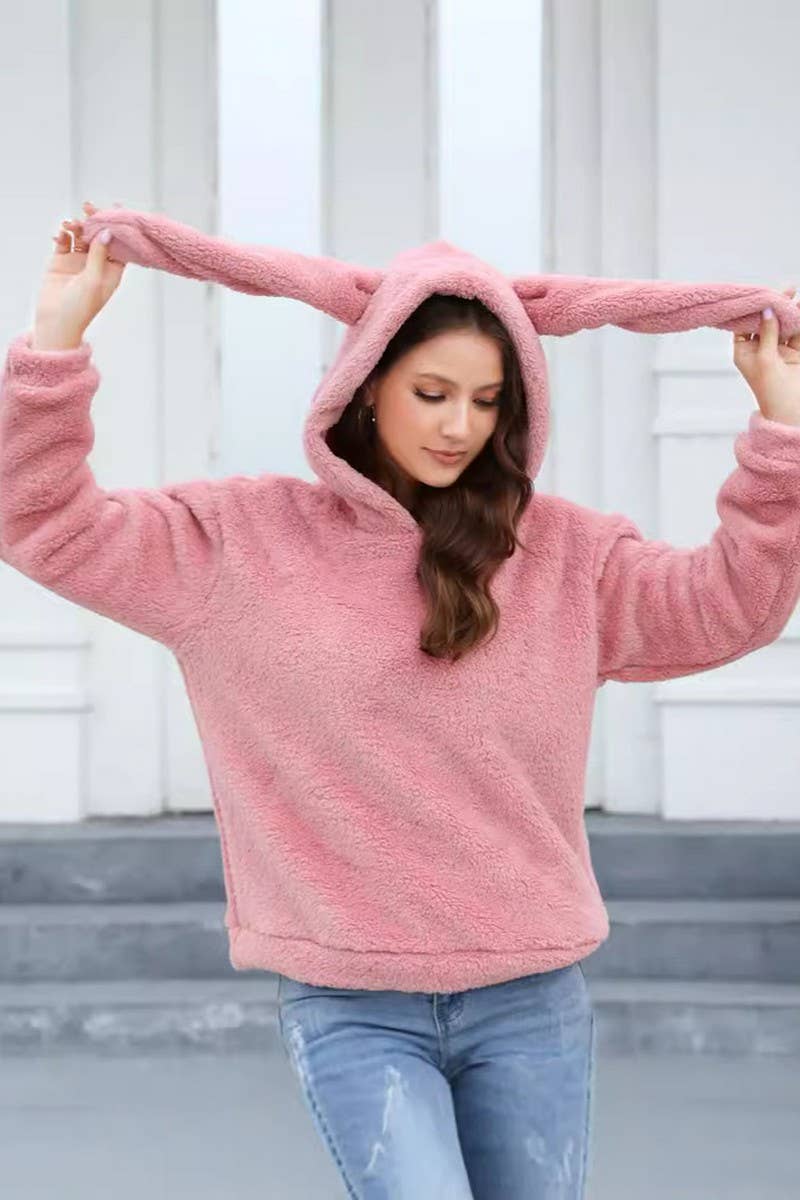CWOHOL0643_THICKENED PLUSH RABBIT EARS HOODED SWEATSHIRT