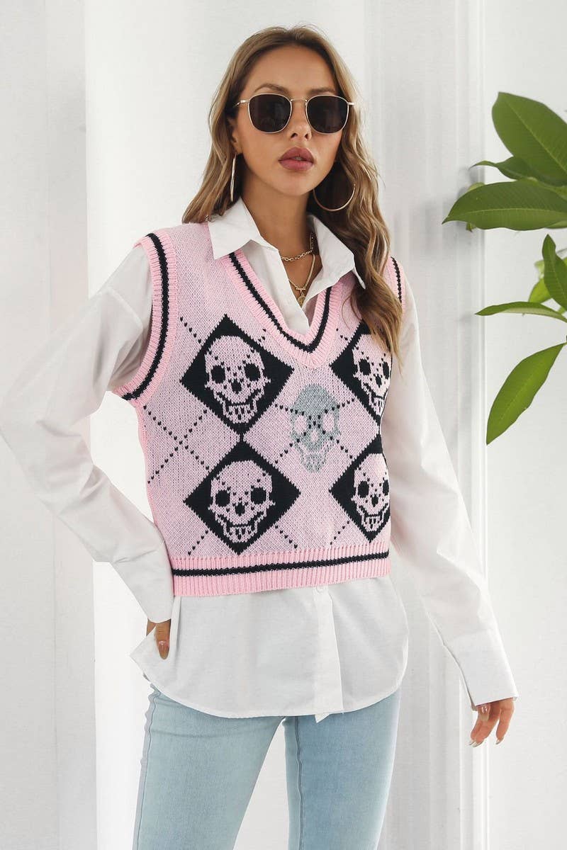 CWOV0484_HALLOWEEN SKULL JACQUARD KNIT SWEATER VEST
