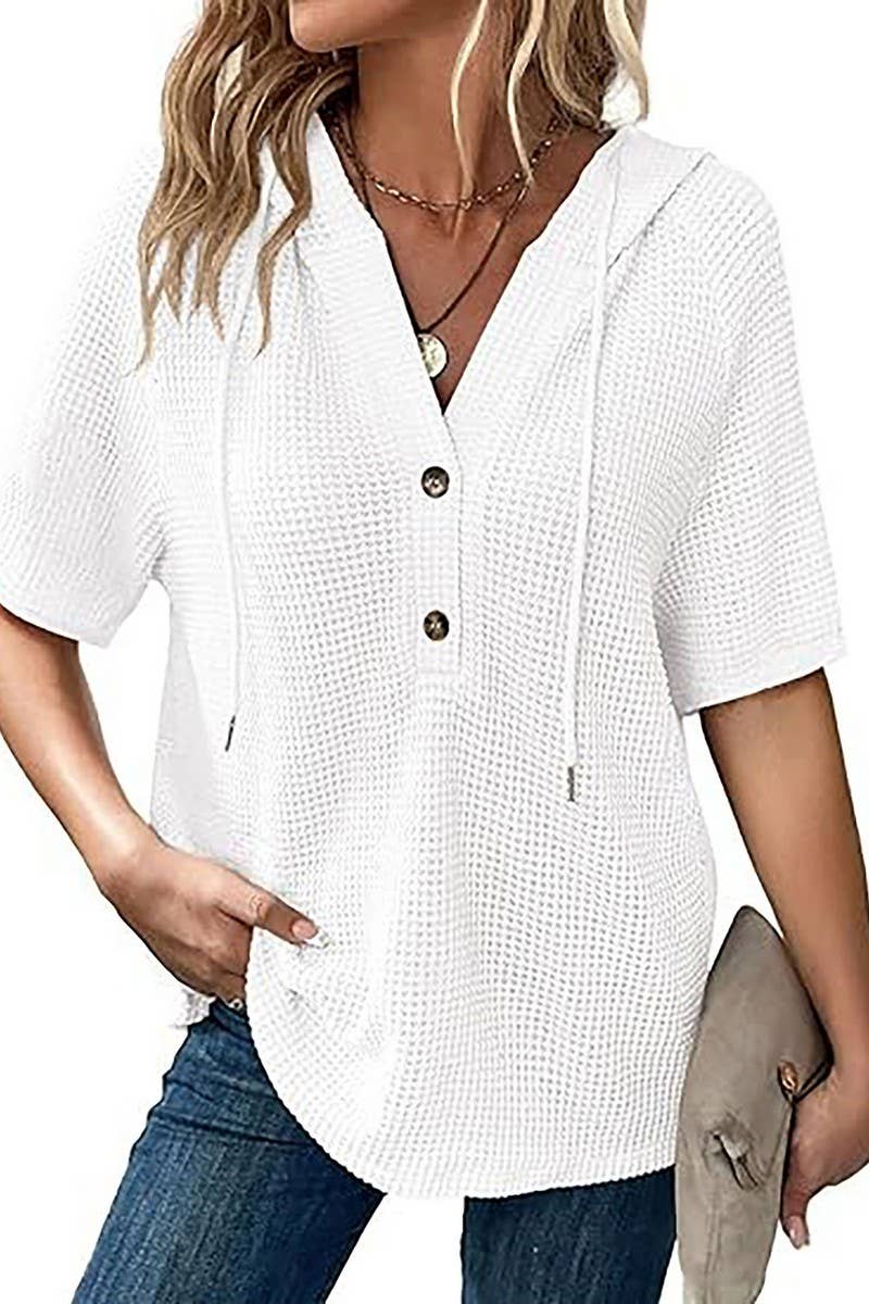 CWTBLS1773_WAFFLE DRAWSTRING HOODED SHORT-SLEEVED TOP