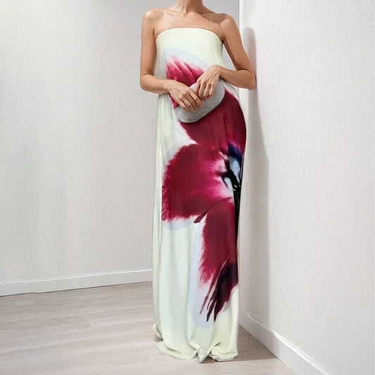 Fashion floral strapless high-waist maxi dress