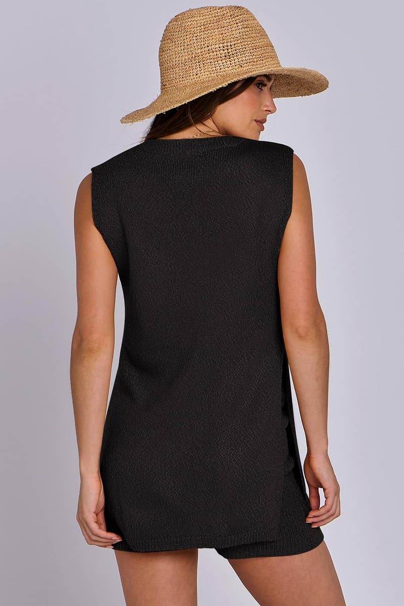 CWSTB1658_SOLID COLOR SLEEVELESS SHORTS KNITTED SUIT