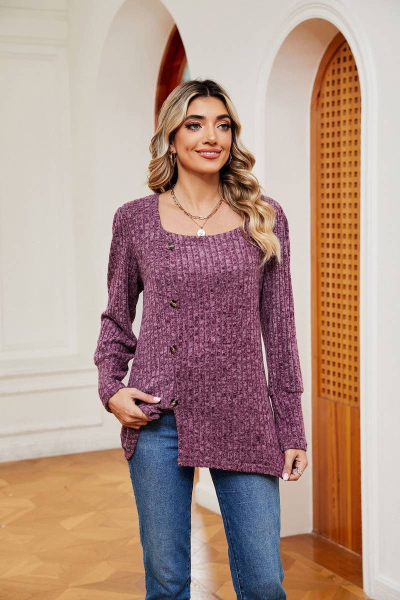 CWTBLL2372_SQUARE COLLAR BUTTON-DOWN LONG SLEEVE LOOSE TOP