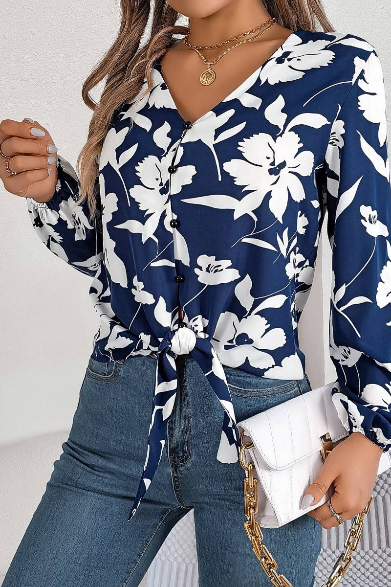 CWTDSL0117_V-NECK FLORAL LONG-SLEEVED LACE-UP TOP