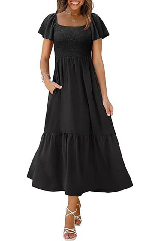 CWDMD6363_SQUARE NECK BUTTERFLY SLEEVE SHIRRED POCKET DRESS