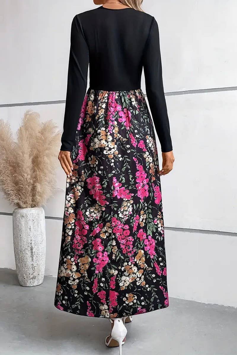CWDMD3984_FLORAL PRINT COLORBLOCK LONG SLEEVE DRESS