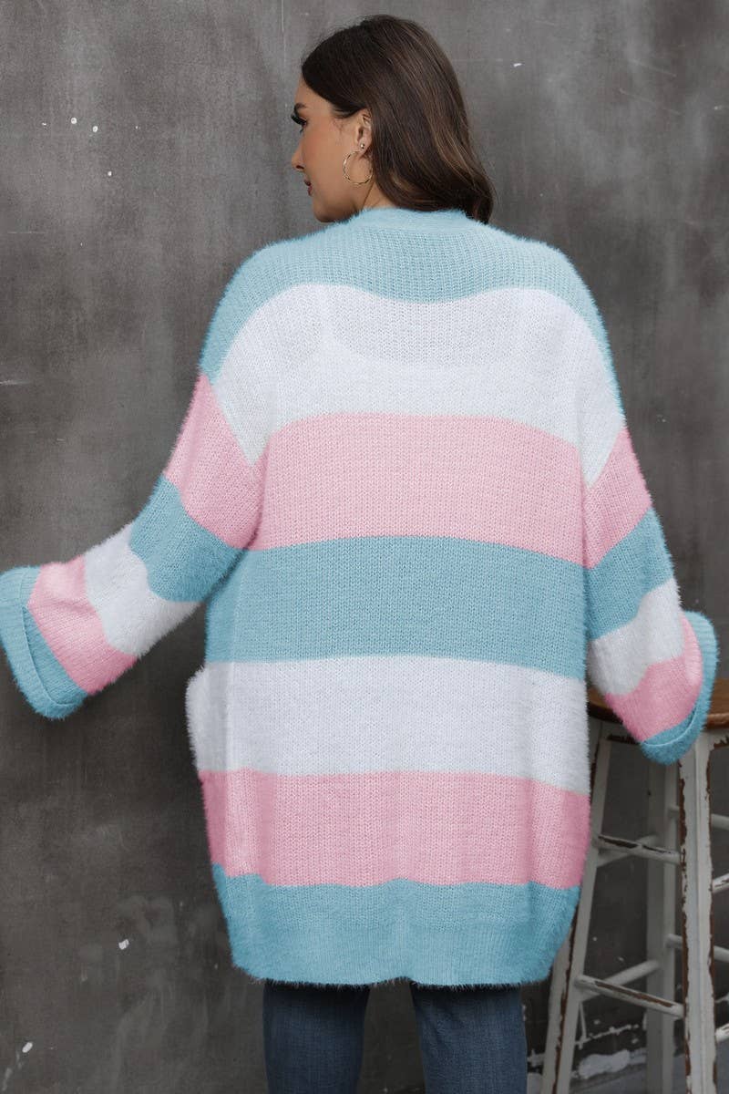 CWOSWL07397_PLUS SIZE COLOR BLOCK STRIPED KNIT CARDIGAN